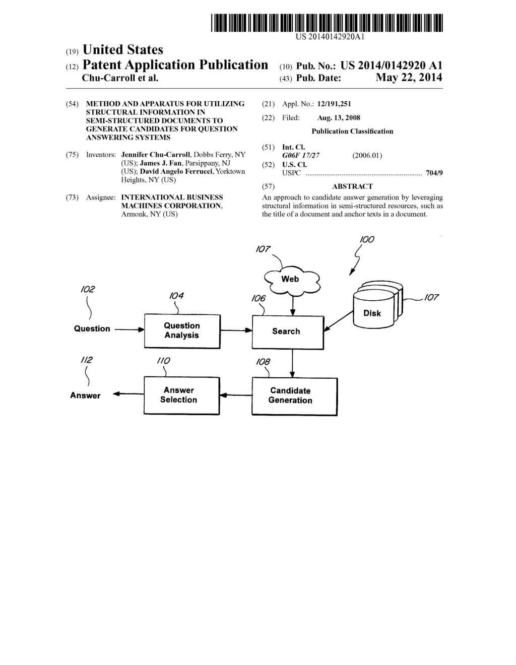 Method and apparatus  for Utilizing Structural Information in     Semi-Structured Documents to Generate Candidates for Question Answering     Systems - diagram, schematic, and image 01