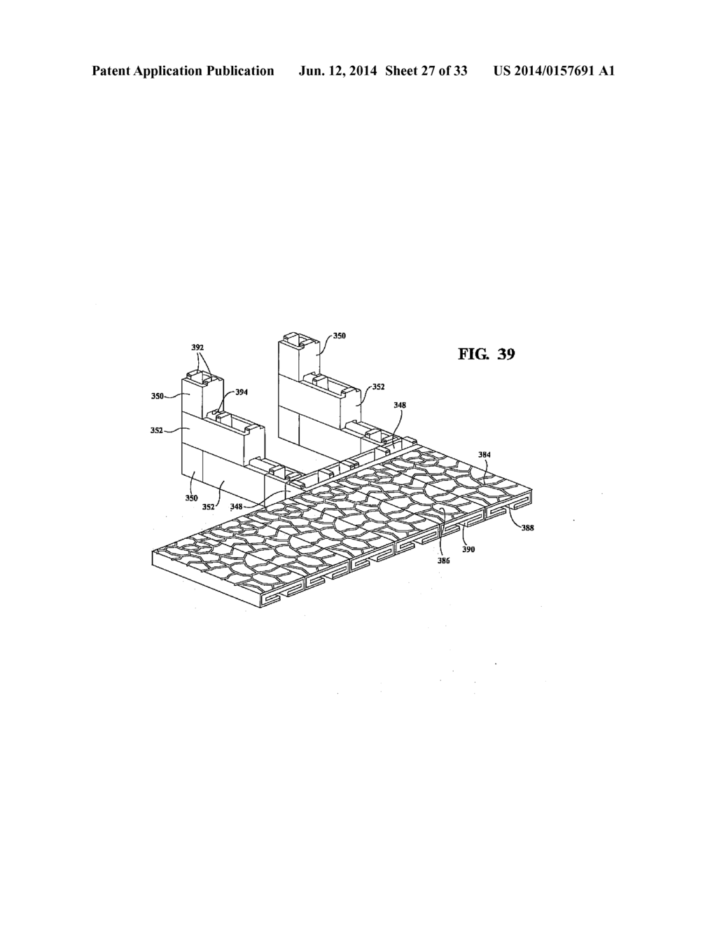 PATIO, PORCH OR WALKWAY ASSEMBLY INCORPORATING A PLURALITY OF BLOCKS AND     INCLUDING ANY COMBINATION OF PRE-CAST AND EXPOSED SURFACED PATTERNS,     INTERIORLY SUPPORTED HEATING PADS AND LED EFFECT LIGHTING - diagram, schematic, and image 28