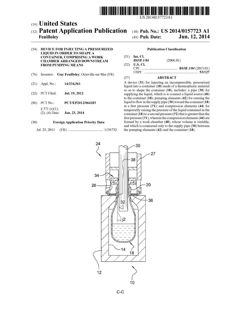 DEVICE FOR INJECTING A PRESSURIZED LIQUID IN ORDER TO SHAPE A CONTAINER,     COMPRISING A WORK CHAMBER ARRANGED DOWNSTREAM FROM PUMPING MEANS - diagram, schematic, and image 01