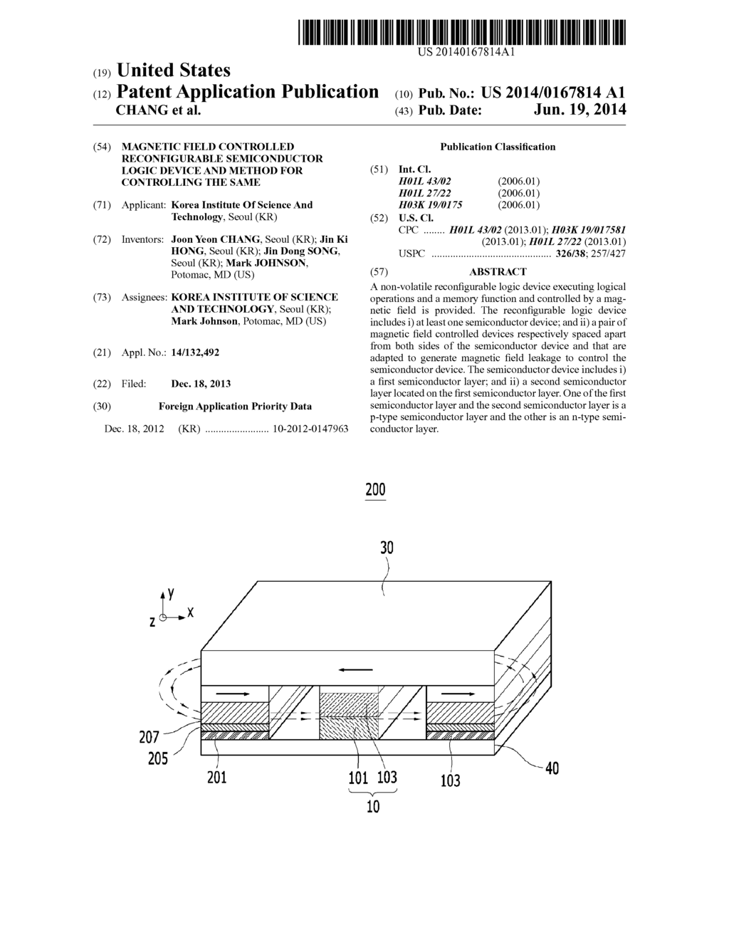 MAGNETIC FIELD CONTROLLED RECONFIGURABLE SEMICONDUCTOR LOGIC DEVICE AND     METHOD FOR CONTROLLING THE SAME - diagram, schematic, and image 01