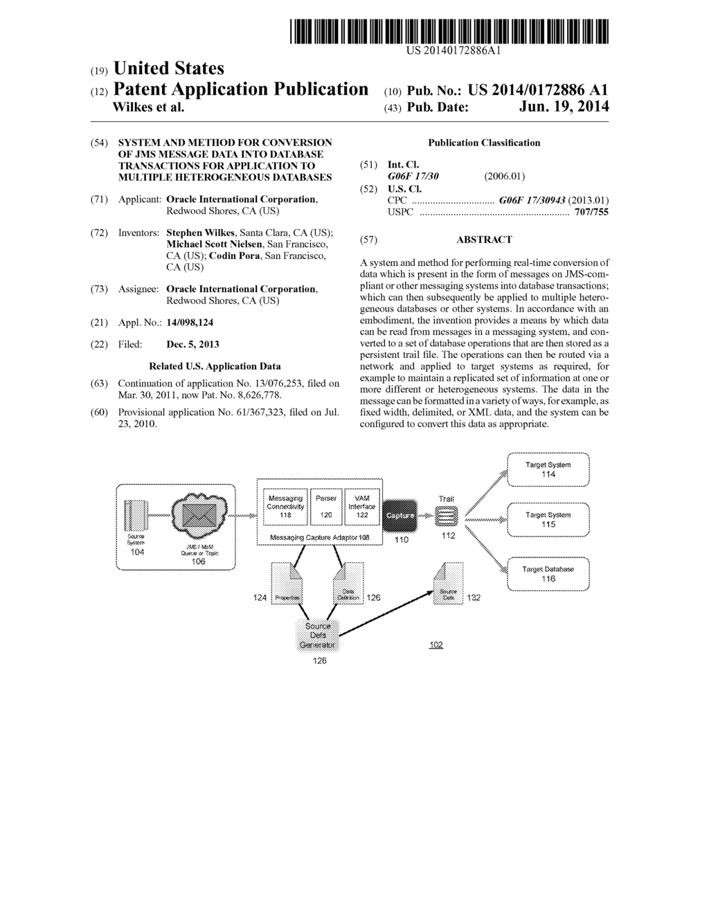 SYSTEM AND METHOD FOR CONVERSION OF JMS MESSAGE DATA INTO DATABASE     TRANSACTIONS FOR APPLICATION TO MULTIPLE HETEROGENEOUS DATABASES - diagram, schematic, and image 01