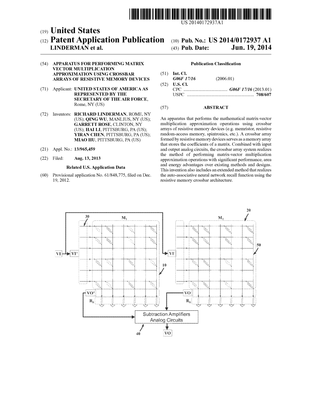 APPARATUS FOR PERFORMING MATRIX VECTOR MULTIPLICATION APPROXIMATION USING     CROSSBAR ARRAYS OF RESISTIVE MEMORY DEVICES - diagram, schematic, and image 01