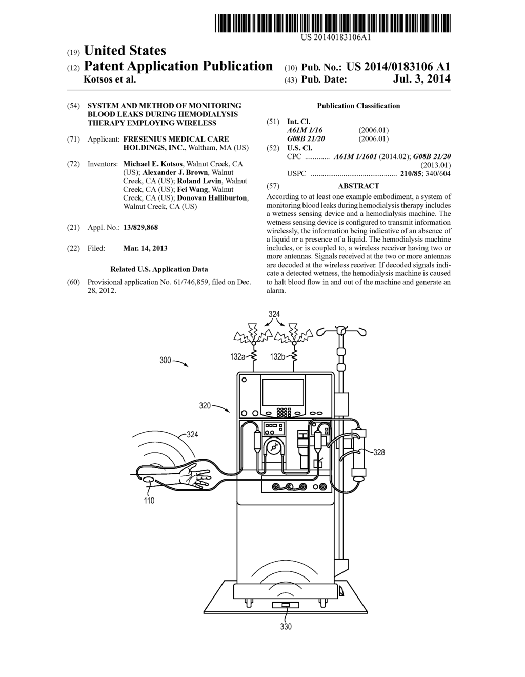 System and Method of Monitoring Blood Leaks During Hemodialysis Therapy     Employing Wireless - diagram, schematic, and image 01