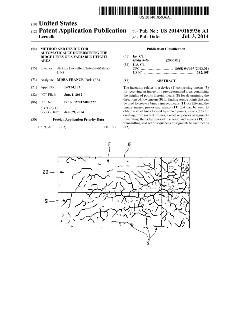 METHOD AND DEVICE FOR AUTOMATICALLY DETERMINING THE RIDGE LINES OF A     VARIABLE-HEIGHT AREA - diagram, schematic, and image 01