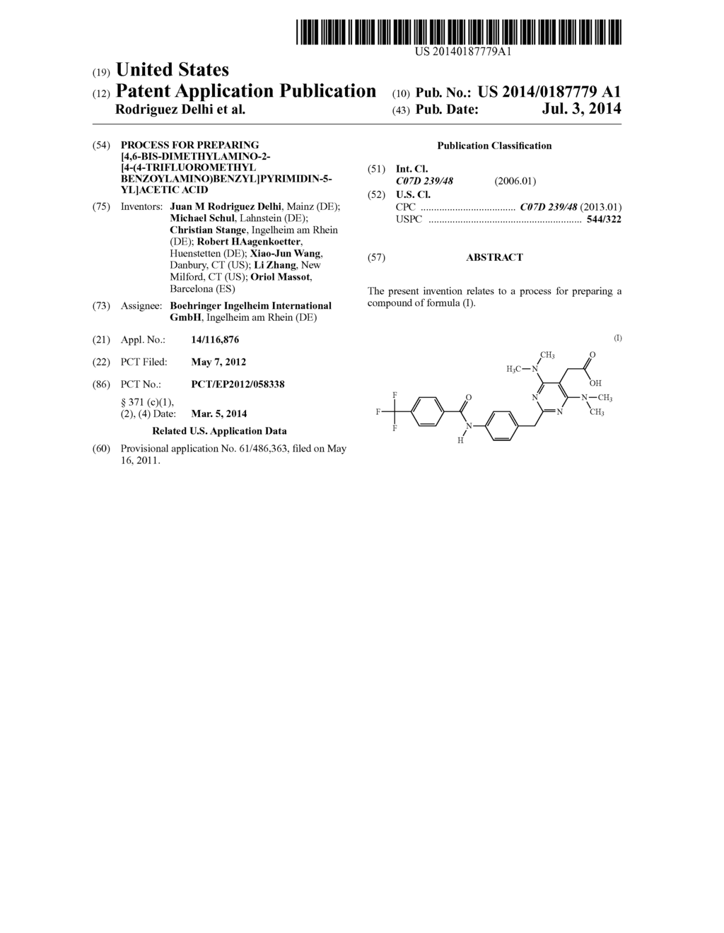 Process for preparing     [4,6-bis-dimethylamino-2-[4-(4-trifluoromethylbenzoylamino)benzyl]pyrimid-    in-5-yl]acetic acid - diagram, schematic, and image 01