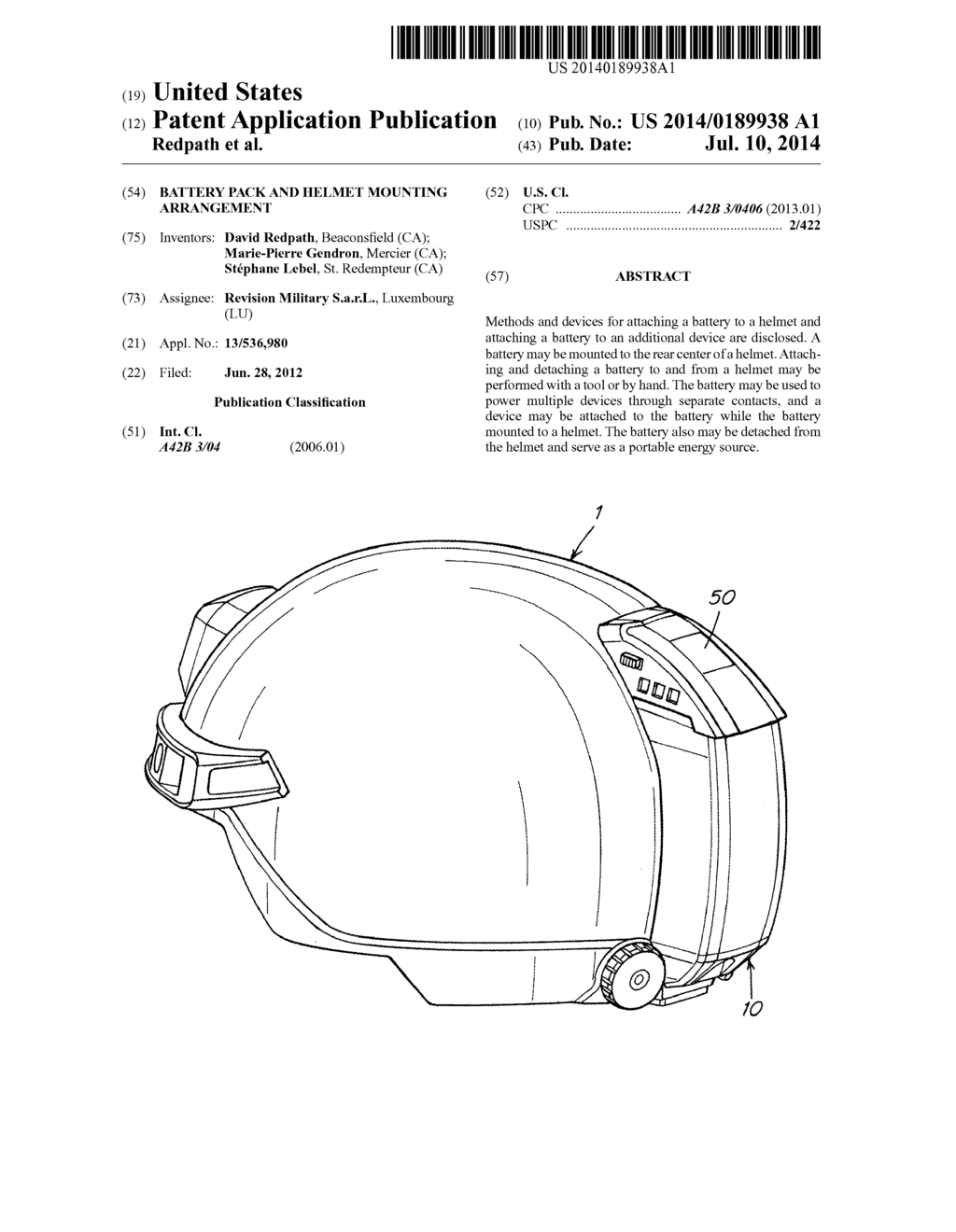 BATTERY PACK AND HELMET MOUNTING ARRANGEMENT - diagram, schematic, and image 01