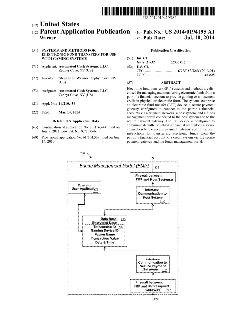 SYSTEMS AND METHODS FOR ELECTRONIC FUND TRANSFERS FOR USE WITH GAMING     SYSTEMS - diagram, schematic, and image 01