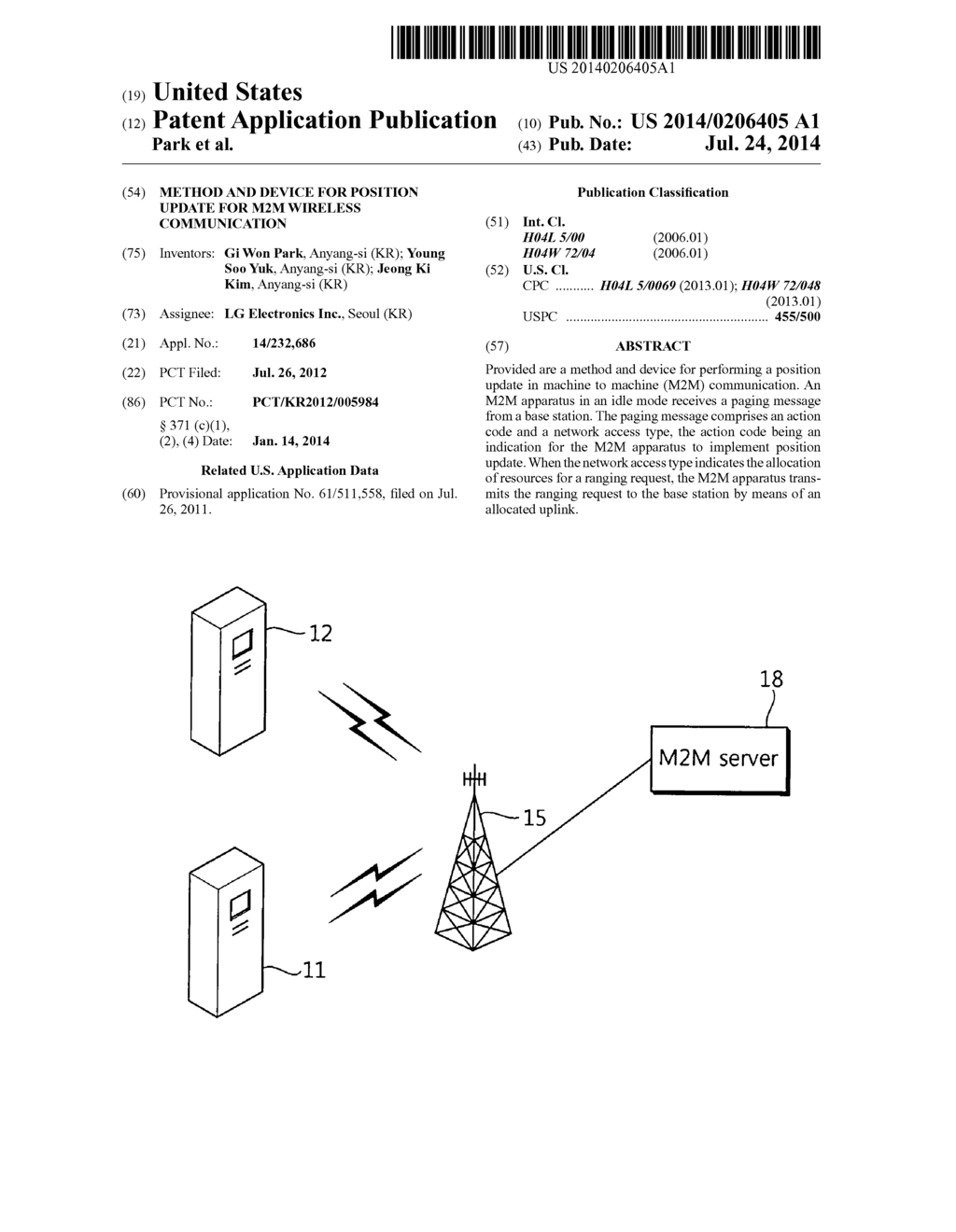 METHOD AND DEVICE FOR POSITION UPDATE FOR M2M WIRELESS COMMUNICATION - diagram, schematic, and image 01