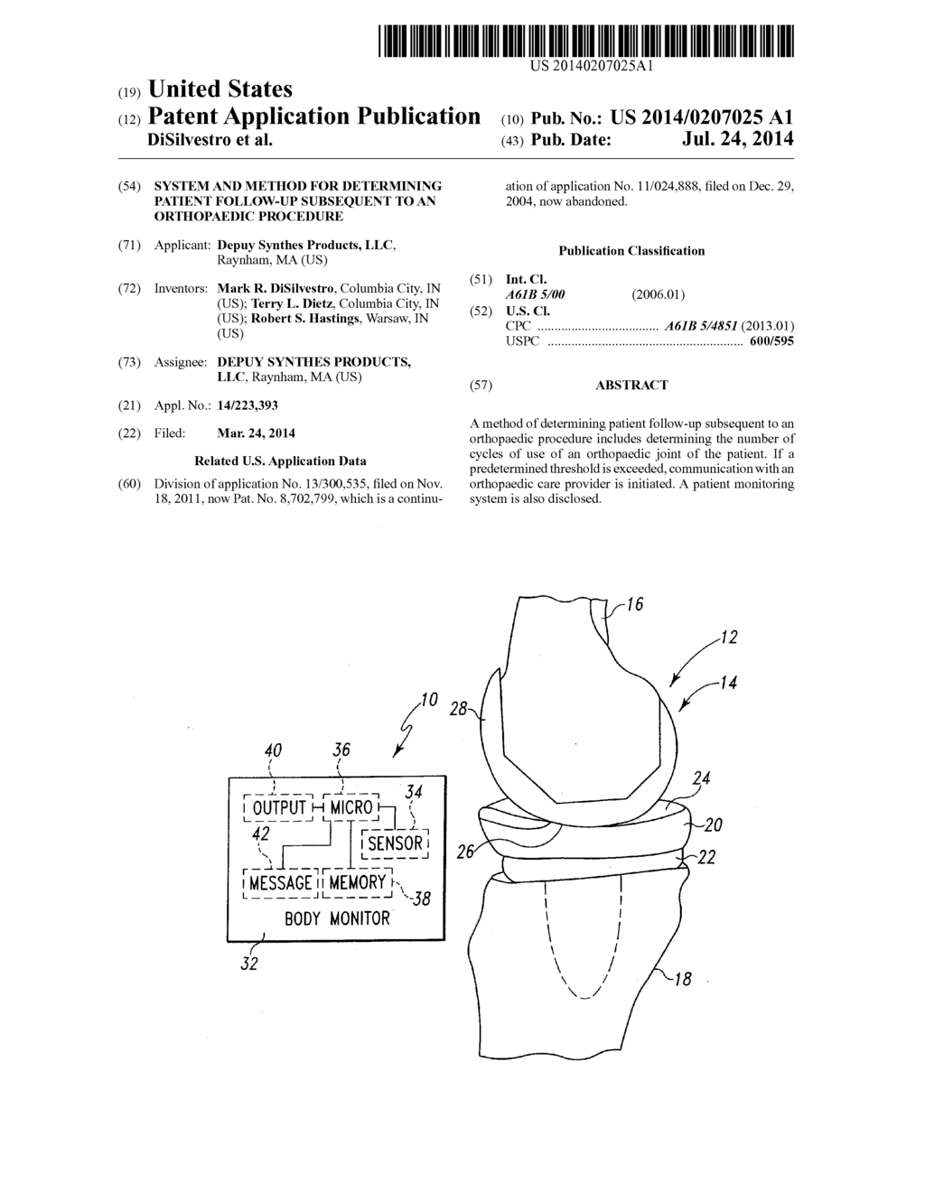 SYSTEM AND METHOD FOR DETERMINING PATIENT FOLLOW-UP SUBSEQUENT TO AN     ORTHOPAEDIC PROCEDURE - diagram, schematic, and image 01