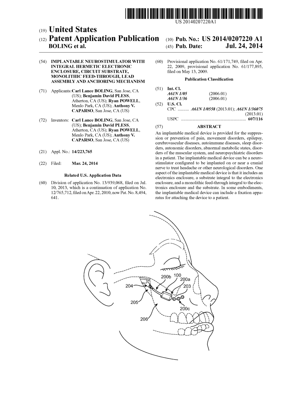 Implantable Neurostimulator with Integral Hermetic Electronic Enclosure,     Circuit Substrate, Monolithic Feed-Through, Lead Assembly and Anchoring     Mechanism - diagram, schematic, and image 01