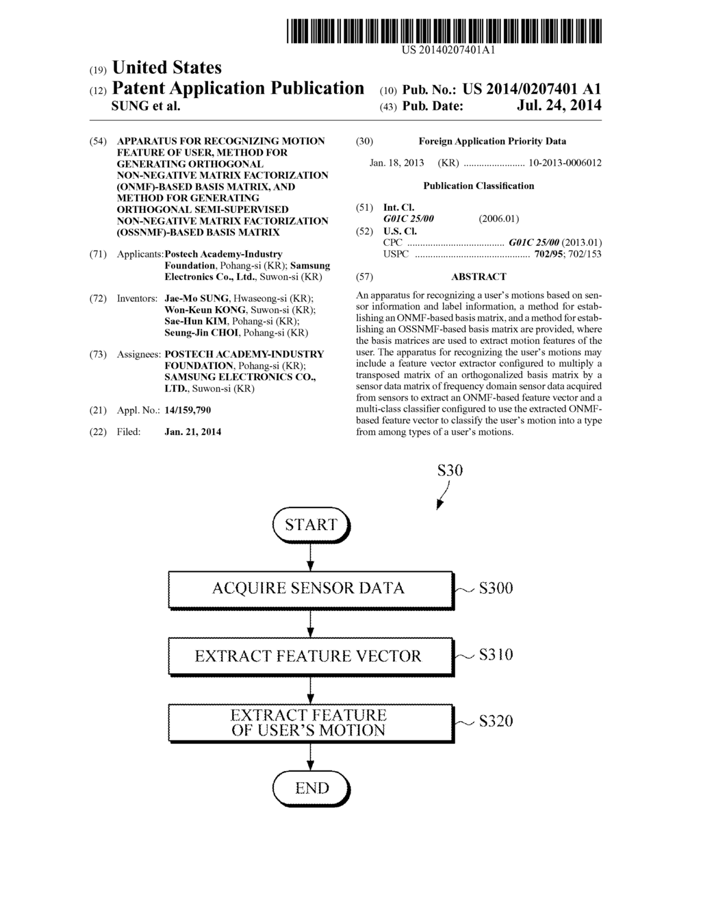 APPARATUS FOR RECOGNIZING MOTION FEATURE OF USER, METHOD FOR GENERATING     ORTHOGONAL NON-NEGATIVE MATRIX FACTORIZATION (ONMF)-BASED BASIS MATRIX,     AND METHOD FOR GENERATING ORTHOGONAL SEMI-SUPERVISED NON-NEGATIVE MATRIX     FACTORIZATION (OSSNMF)-BASED BASIS MATRIX - diagram, schematic, and image 01