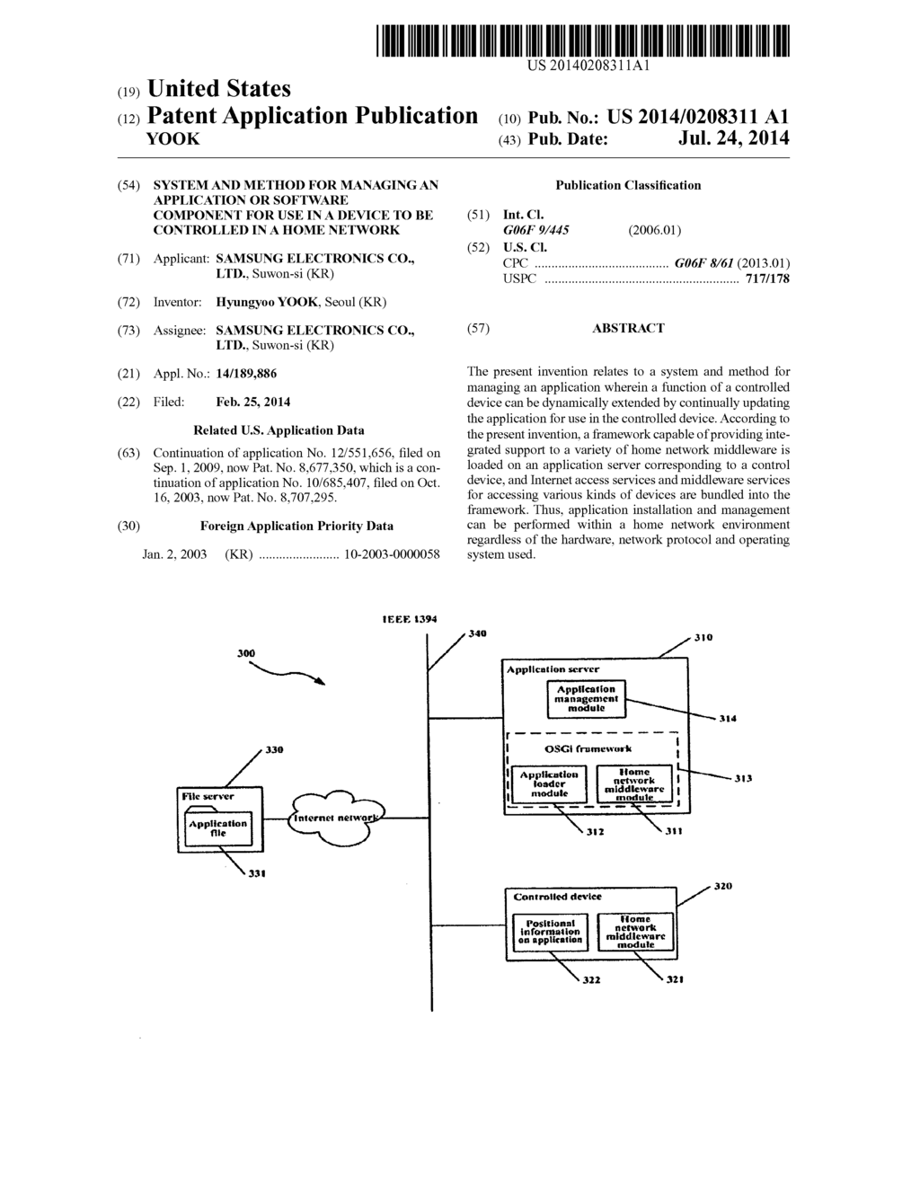 SYSTEM AND METHOD FOR MANAGING AN APPLICATION OR SOFTWARE COMPONENT FOR     USE IN A DEVICE TO BE CONTROLLED IN A HOME NETWORK - diagram, schematic, and image 01