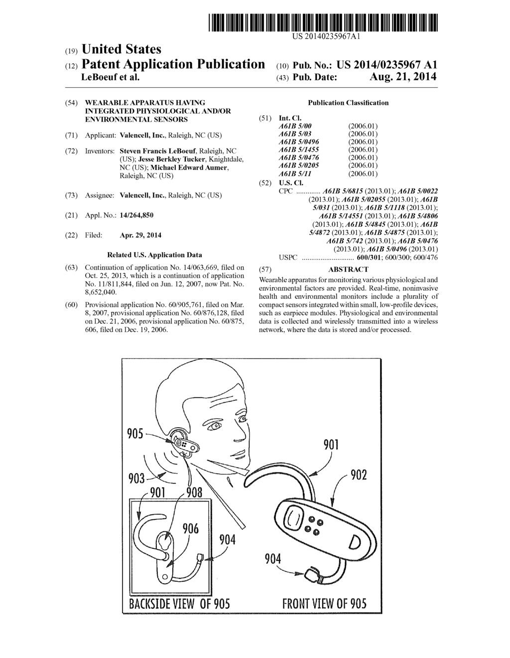 WEARABLE APPARATUS HAVING INTEGRATED PHYSIOLOGICAL AND/OR ENVIRONMENTAL     SENSORS - diagram, schematic, and image 01