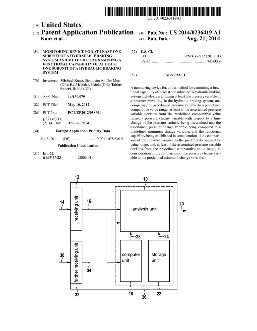 MONITORING DEVICE FOR AT LEAST ONE SUBUNIT OF A HYDRAULIC BRAKING SYSTEM     AND METHOD FOR EXAMINING A FUNCTIONAL CAPABILITY OF AT LEAST ONE SUBUNIT     OF A HYDRAULIC BRAKING SYSTEM - diagram, schematic, and image 01