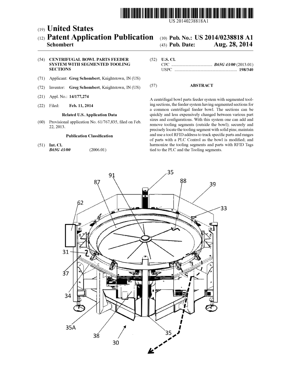 Centrifugal bowl parts feeder system with Segmented tooling sections - diagram, schematic, and image 01