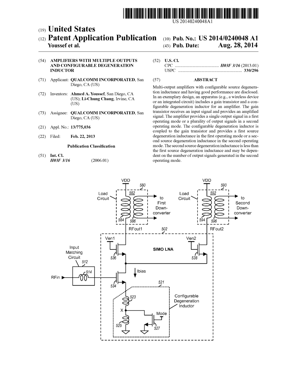 AMPLIFIERS WITH MULTIPLE OUTPUTS AND CONFIGURABLE DEGENERATION INDUCTOR - diagram, schematic, and image 01