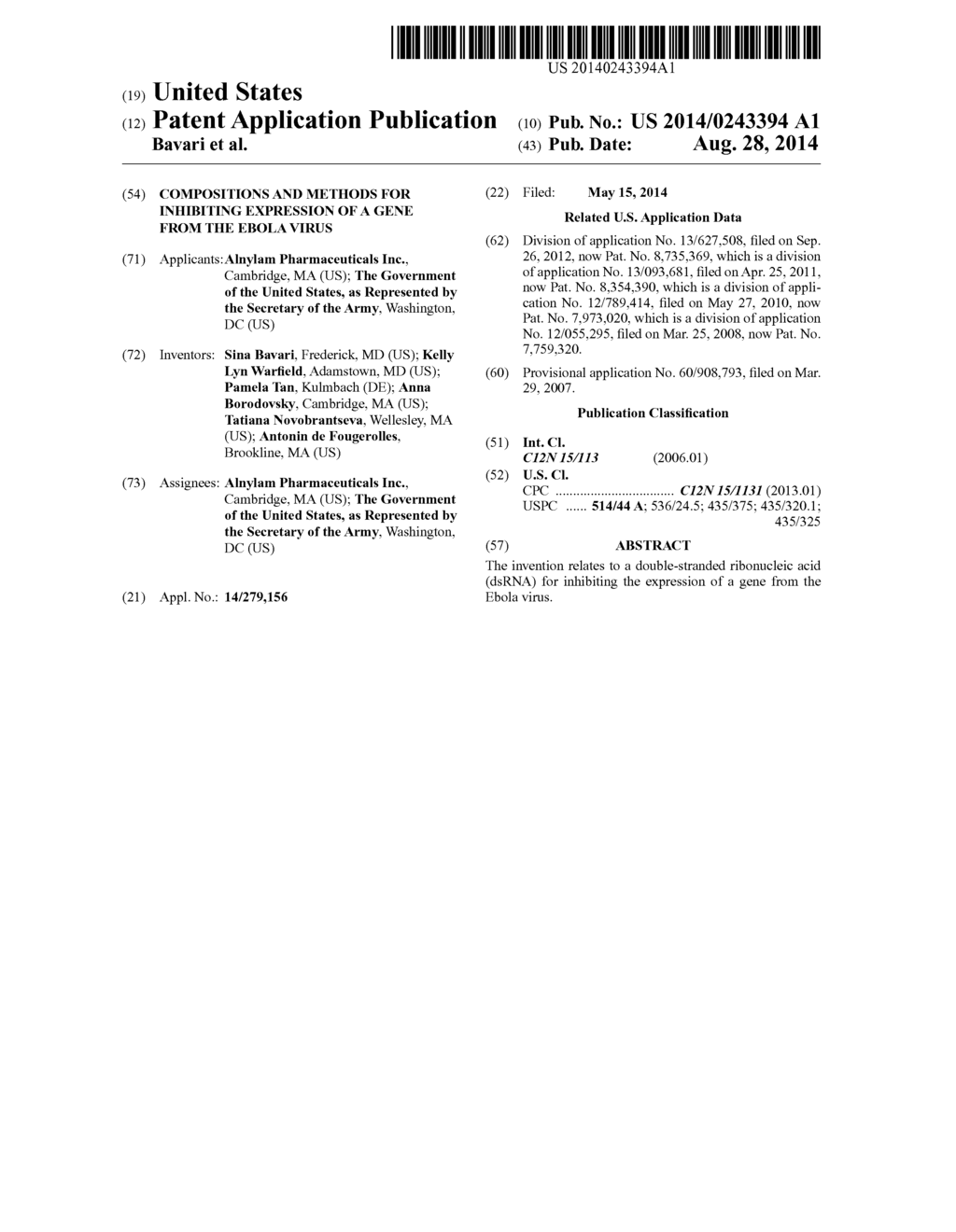 Compositions and Methods for Inhibiting Expression of a Gene from the     Ebola Virus - diagram, schematic, and image 01