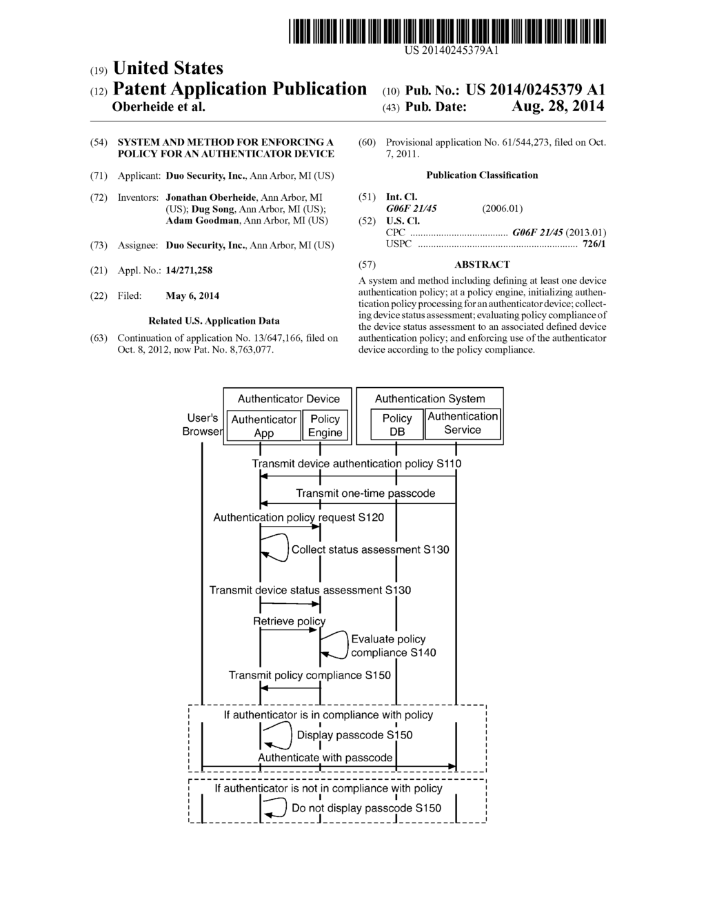 SYSTEM AND METHOD FOR ENFORCING A POLICY FOR AN AUTHENTICATOR DEVICE - diagram, schematic, and image 01