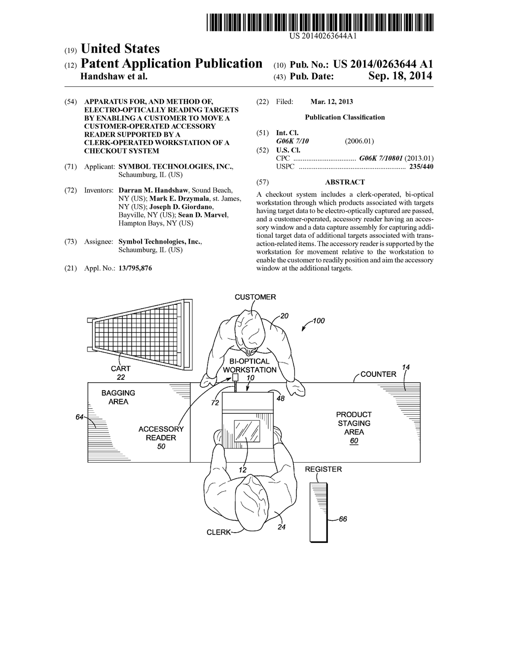 APPARATUS FOR, AND METHOD OF, ELECTRO-OPTICALLY READING TARGETS BY     ENABLING A CUSTOMER TO MOVE A CUSTOMER-OPERATED ACCESSORY READER     SUPPORTED BY A CLERK-OPERATED WORKSTATION OF A CHECKOUT SYSTEM - diagram, schematic, and image 01