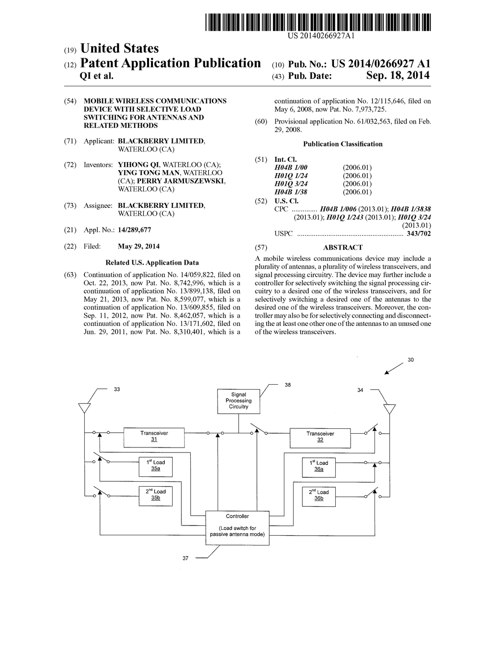 MOBILE WIRELESS COMMUNICATIONS DEVICE WITH SELECTIVE LOAD SWITCHING FOR     ANTENNAS AND RELATED METHODS - diagram, schematic, and image 01