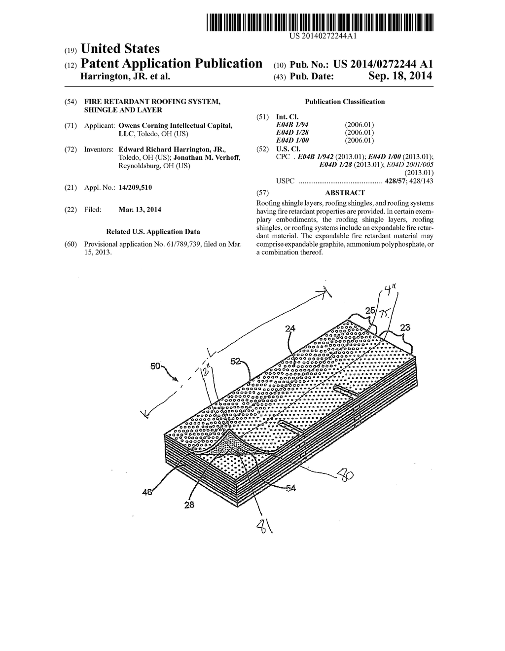 FIRE RETARDANT ROOFING SYSTEM, SHINGLE AND LAYER - diagram, schematic, and image 01