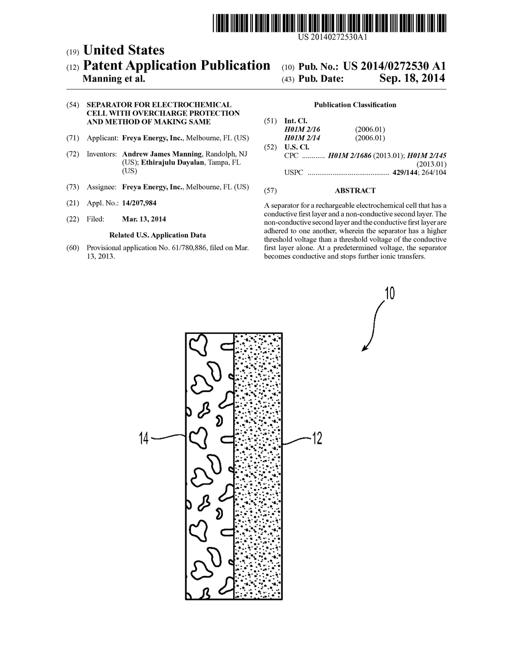 SEPARATOR FOR ELECTROCHEMICAL CELL WITH OVERCHARGE PROTECTION AND METHOD     OF MAKING SAME - diagram, schematic, and image 01