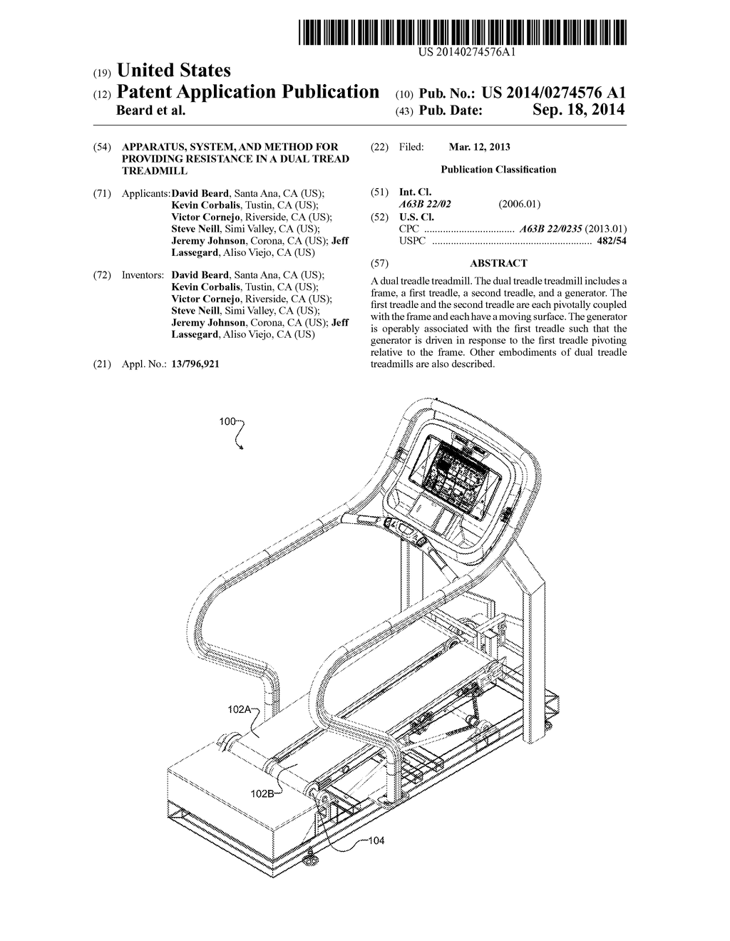 APPARATUS, SYSTEM, AND METHOD FOR PROVIDING RESISTANCE IN A DUAL TREAD     TREADMILL - diagram, schematic, and image 01