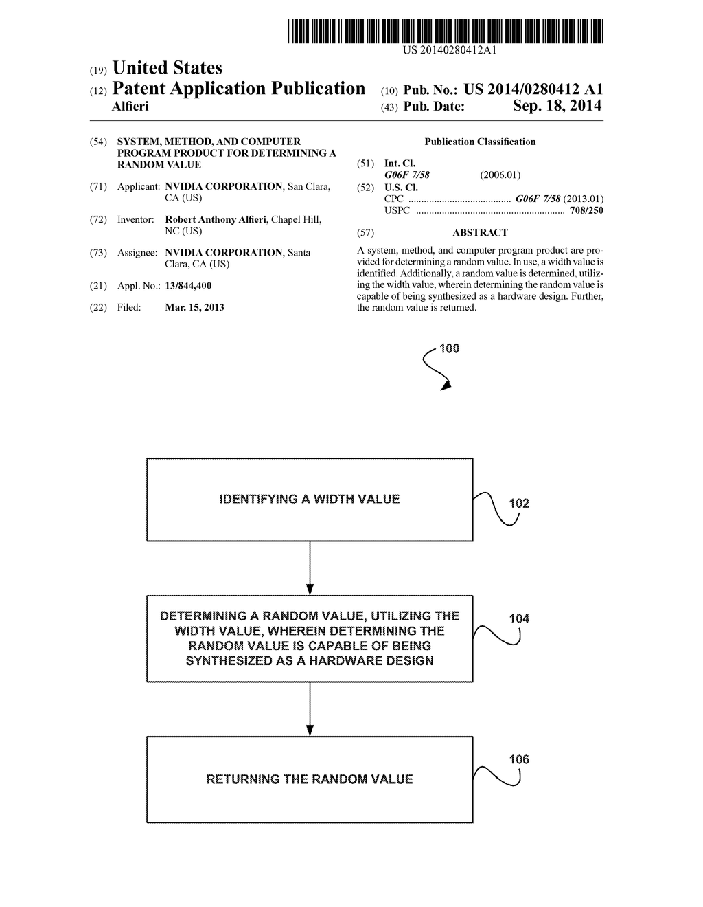 SYSTEM, METHOD, AND COMPUTER PROGRAM PRODUCT FOR DETERMINING A RANDOM     VALUE - diagram, schematic, and image 01