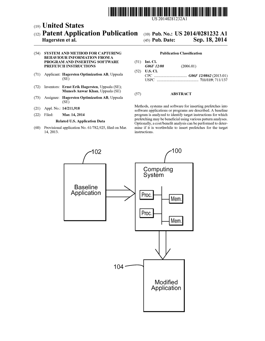 System and Method for Capturing Behaviour Information from a Program and     Inserting Software Prefetch Instructions - diagram, schematic, and image 01