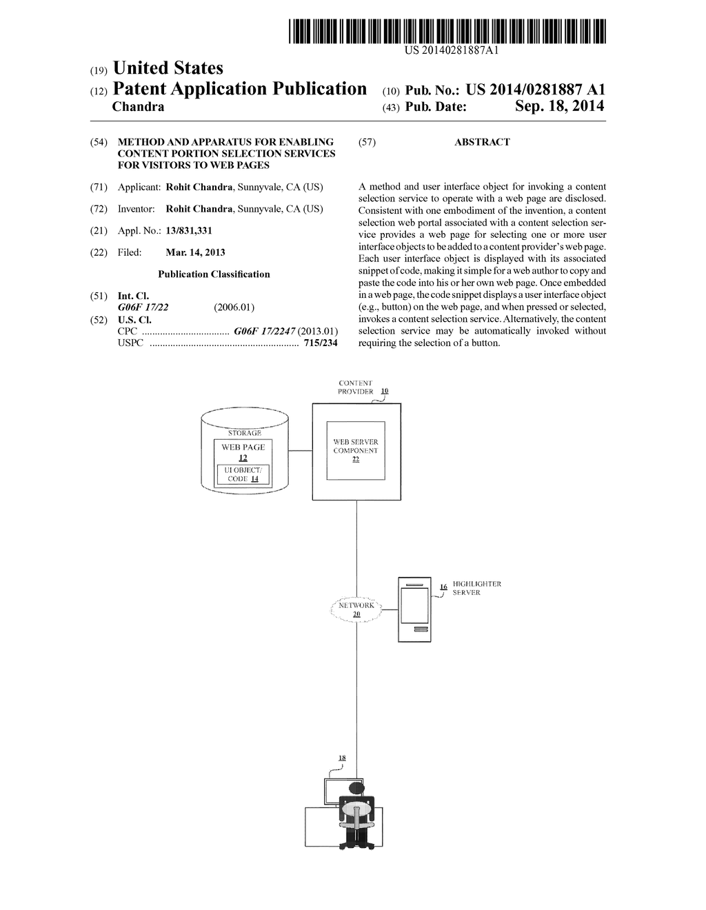 METHOD AND APPARATUS FOR ENABLING CONTENT PORTION SELECTION SERVICES FOR     VISITORS TO WEB PAGES - diagram, schematic, and image 01