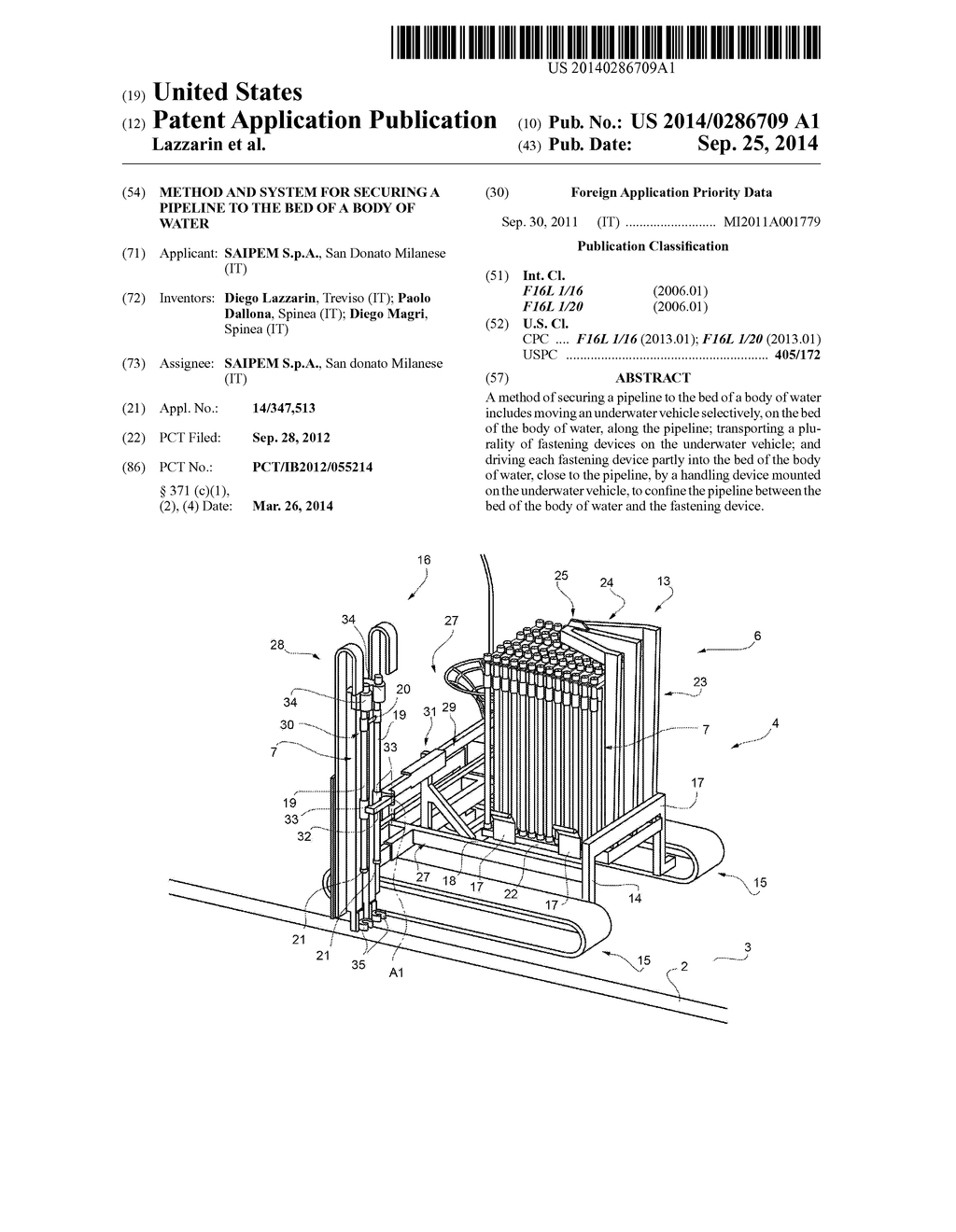 METHOD AND SYSTEM FOR SECURING A PIPELINE TO THE BED OF A BODY OF WATER - diagram, schematic, and image 01