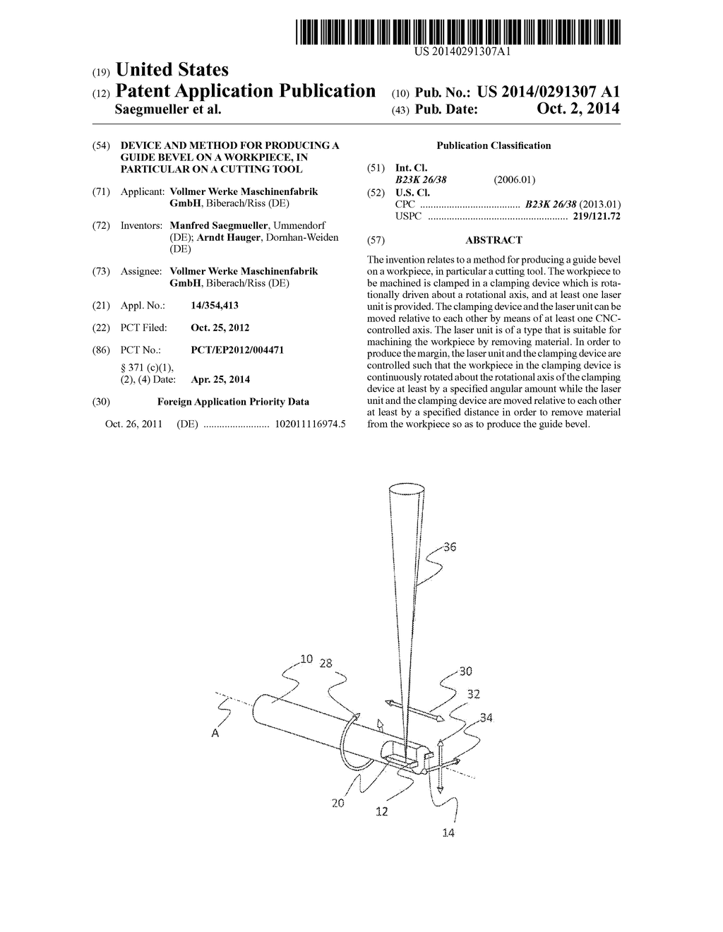 DEVICE AND METHOD FOR PRODUCING A GUIDE BEVEL ON A WORKPIECE, IN     PARTICULAR ON A CUTTING TOOL - diagram, schematic, and image 01