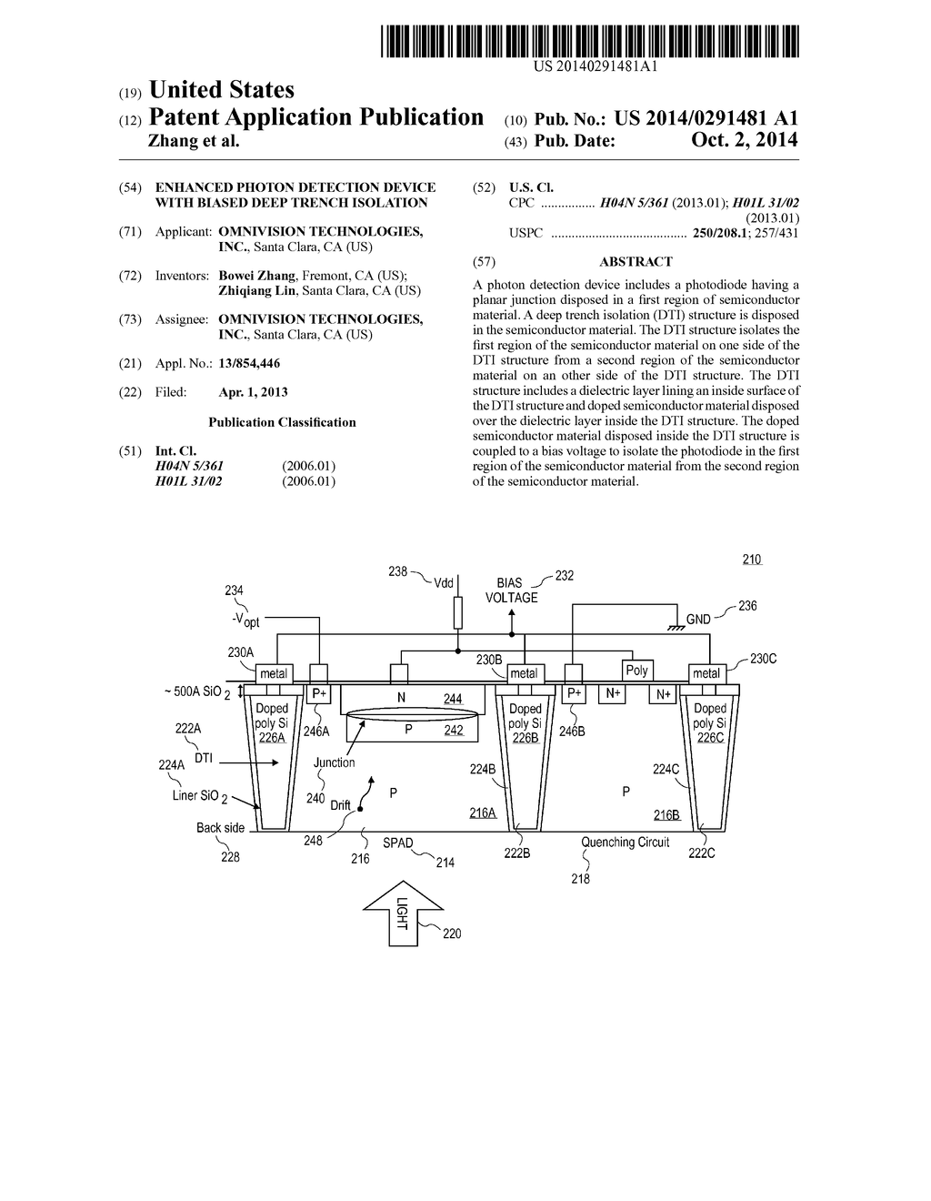 ENHANCED PHOTON DETECTION DEVICE WITH BIASED DEEP TRENCH ISOLATION - diagram, schematic, and image 01