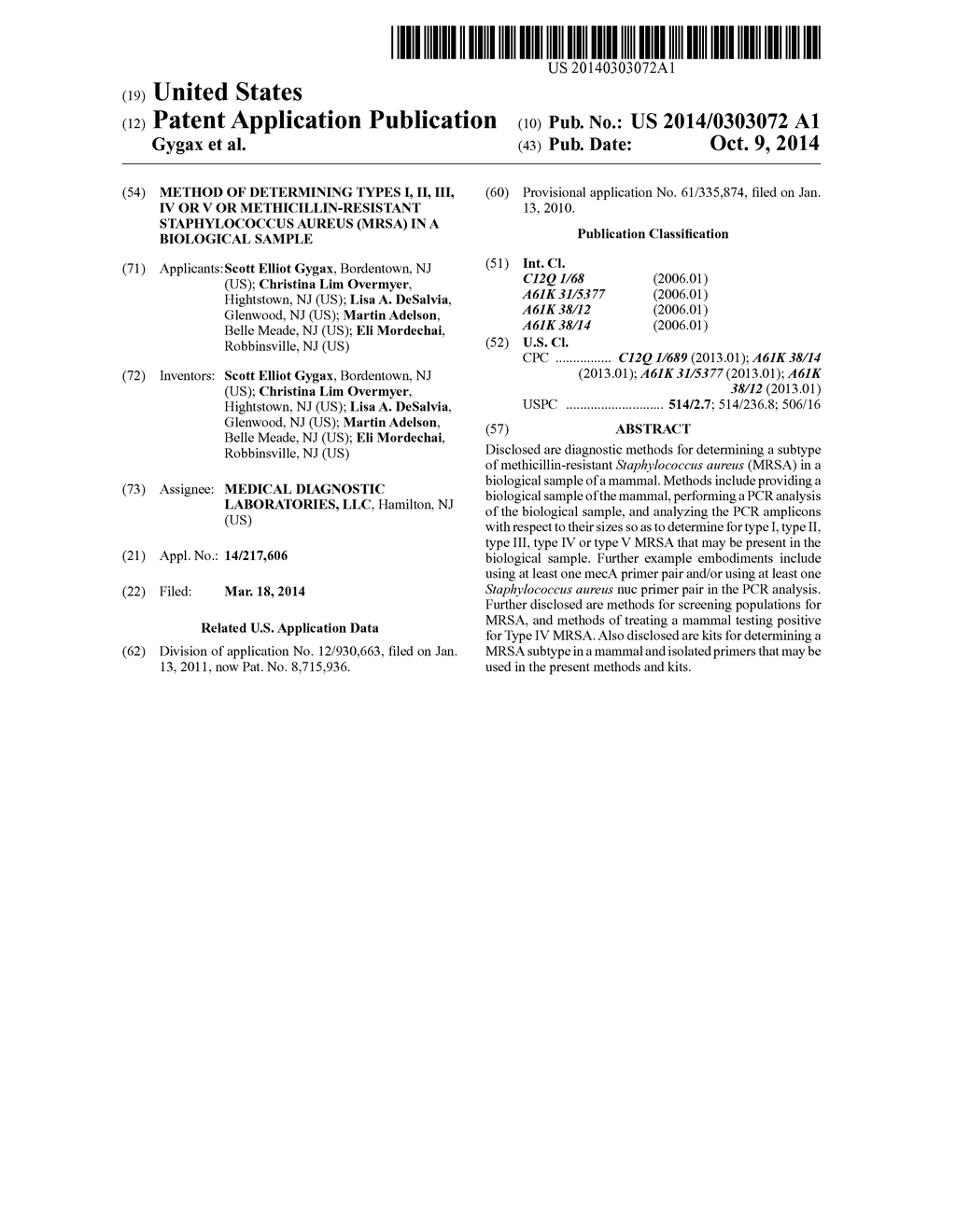 Method of Determining Types I, II, III, IV or V or Methicillin-resistant     Staphylococcus aureus (MRSA) in a Biological Sample - diagram, schematic, and image 01