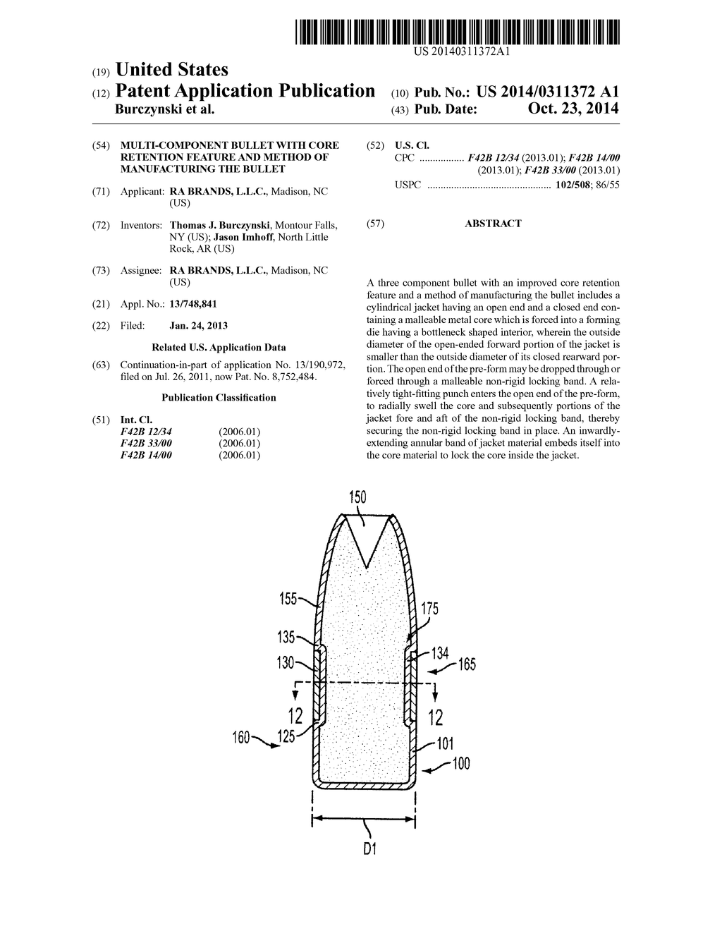 MULTI-COMPONENT BULLET WITH CORE RETENTION FEATURE AND METHOD OF     MANUFACTURING THE BULLET - diagram, schematic, and image 01