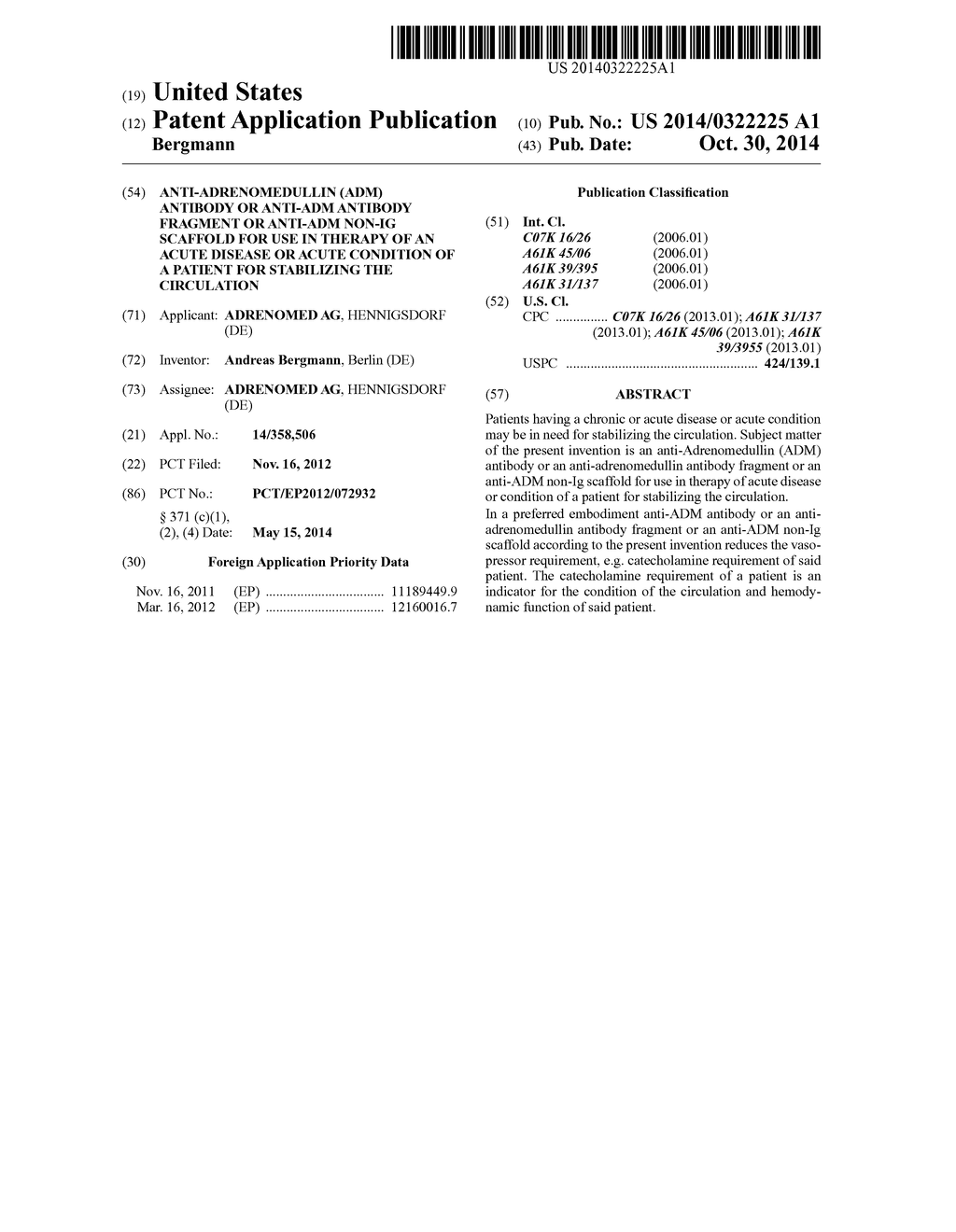 Anti-Adrenomedullin (ADM) antibody or anti-ADM antibody fragment or     anti-ADM non-Ig scaffold for use in therapy of an acute disease or acute     condition of a patient for stabilizing the circulation - diagram, schematic, and image 01