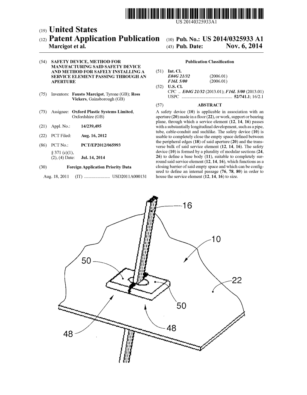 SAFETY DEVICE, METHOD FOR MANUFACTURING SAID SAFETY DEVICE AND METHOD FOR     SAFELY INSTALLING A SERVICE ELEMENT PASSING THROUGH AN APERTURE - diagram, schematic, and image 01