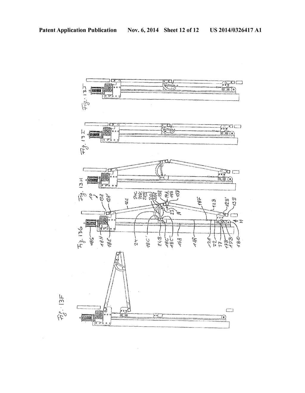 FOLDING FACADE OR FOLDING AWNING ARRANGEMENT AND ACTUATING DEVICE FOR THE     SAME - diagram, schematic, and image 13