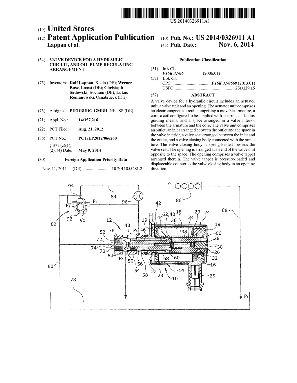 VALVE DEVICE FOR A HYDRAULIC CIRCUIT, AND OIL-PUMP REGULATING ARRANGEMENT - diagram, schematic, and image 01