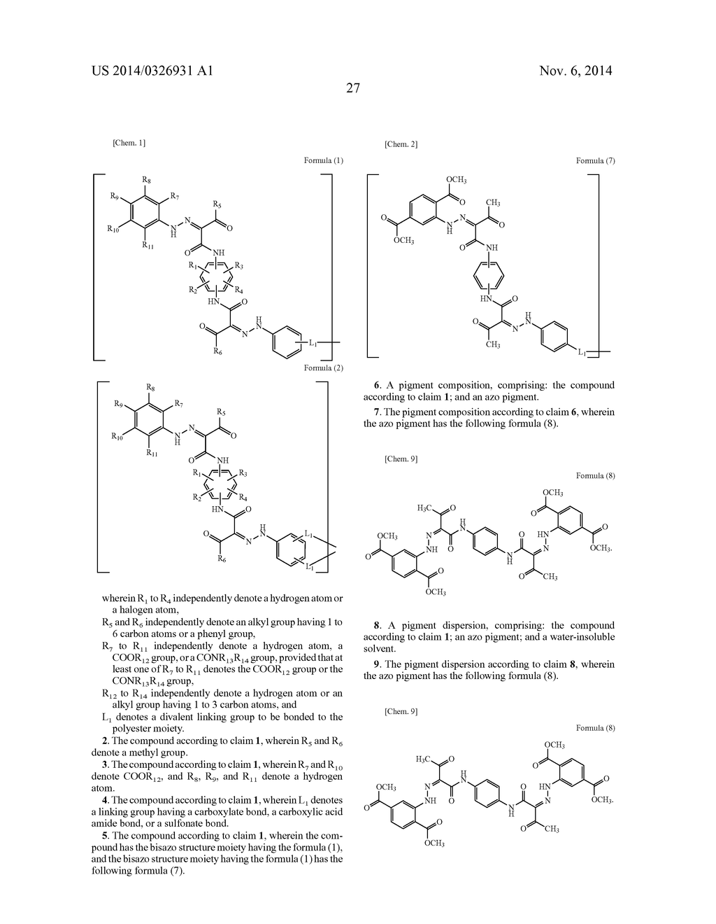 NOVEL COMPOUND HAVING BISAZO DYE SKELETON, PIGMENT COMPOSITION CONTAINING     THE SAME, PIGMENT DISPERSION, INK, AND COLOR FILTER RESIST COMPOSITION - diagram, schematic, and image 30