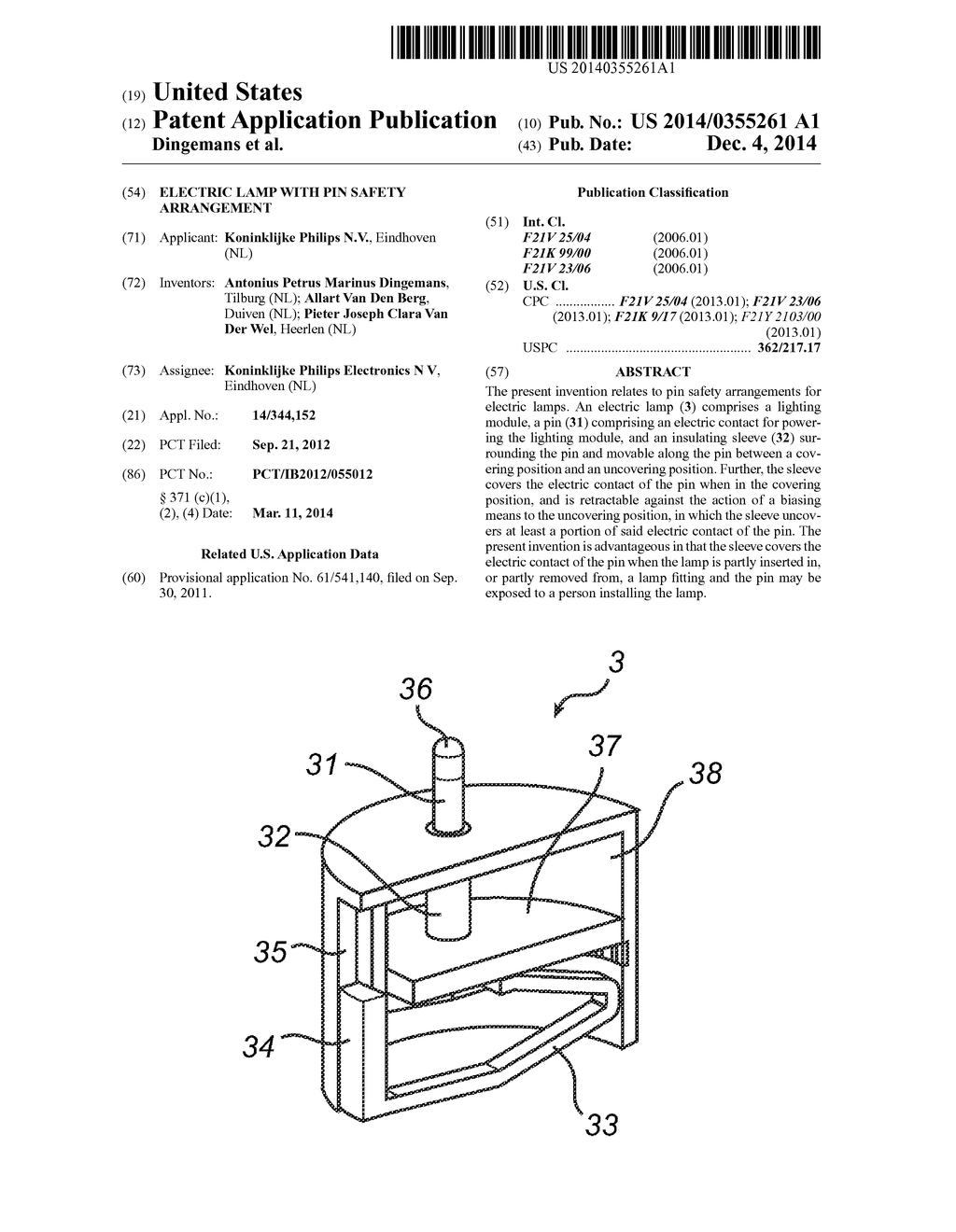 ELECTRIC LAMP WITH PIN SAFETY ARRANGEMENT - diagram, schematic, and image 01