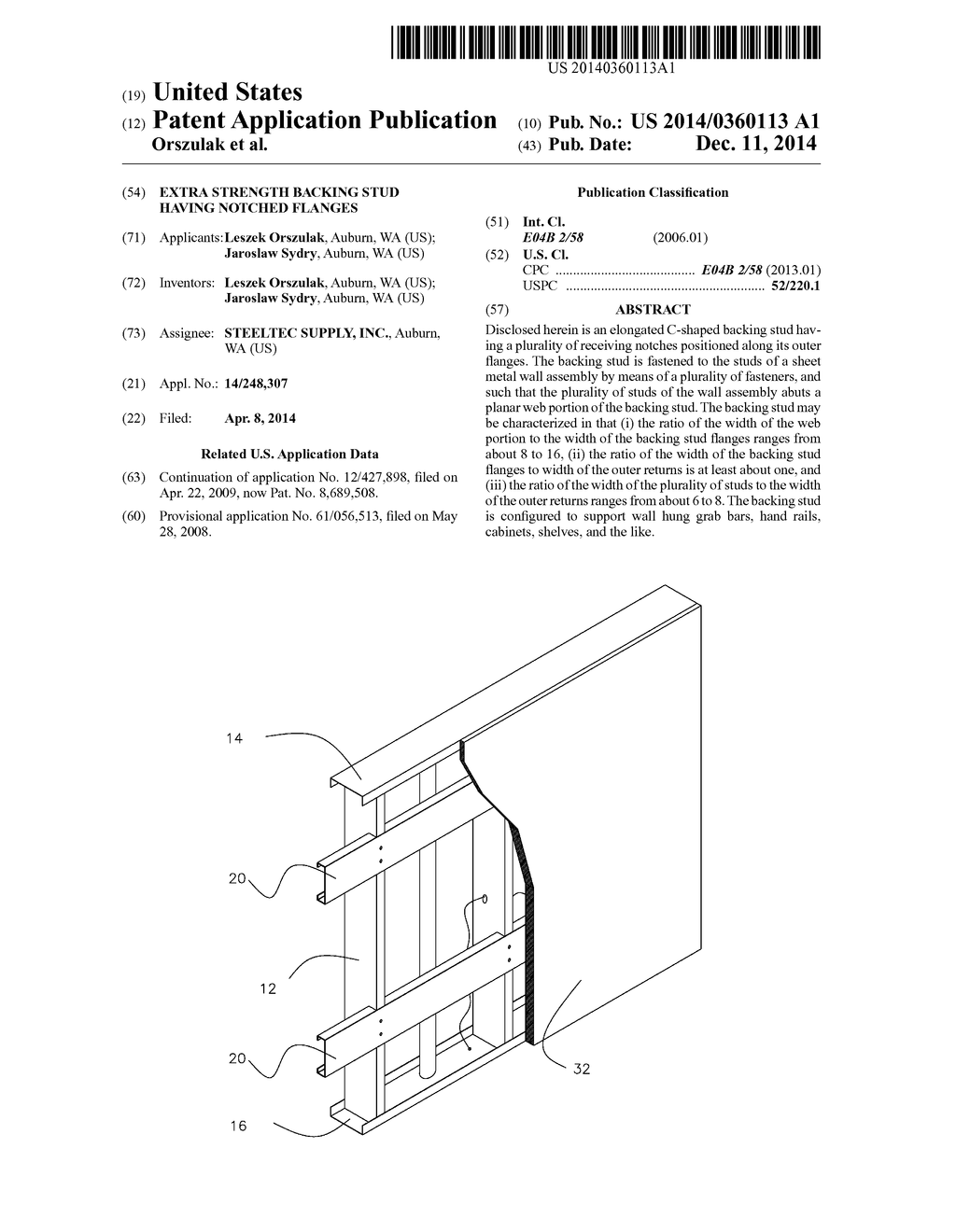 EXTRA STRENGTH BACKING STUD HAVING NOTCHED FLANGES - diagram, schematic, and image 01