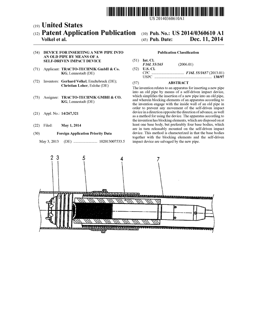 Device for Inserting a New Pipe into an Old Pipe by Means of a Self-Driven     Impact Device - diagram, schematic, and image 01