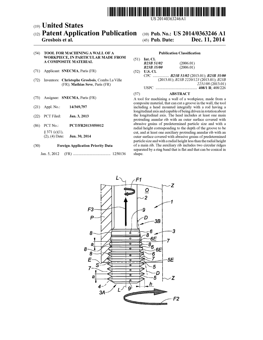 TOOL FOR MACHINING A WALL OF A WORKPIECE, IN PARTICULAR MADE FROM A     COMPOSITE MATERIAL - diagram, schematic, and image 01