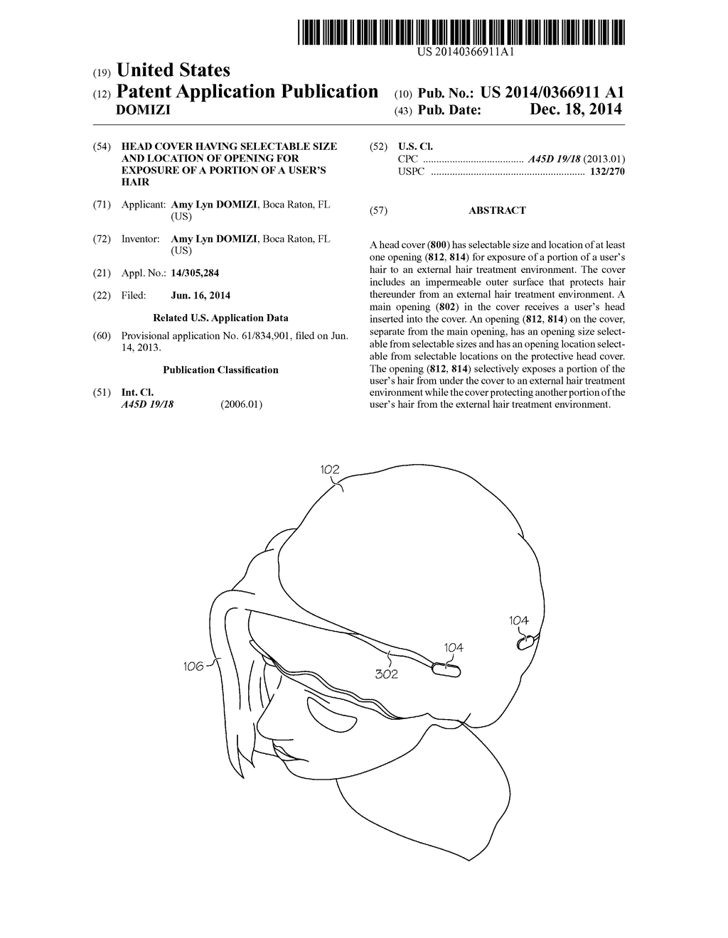 HEAD COVER HAVING SELECTABLE SIZE AND LOCATION OF OPENING FOR EXPOSURE OF     A PORTION OF A USER'S HAIR - diagram, schematic, and image 01