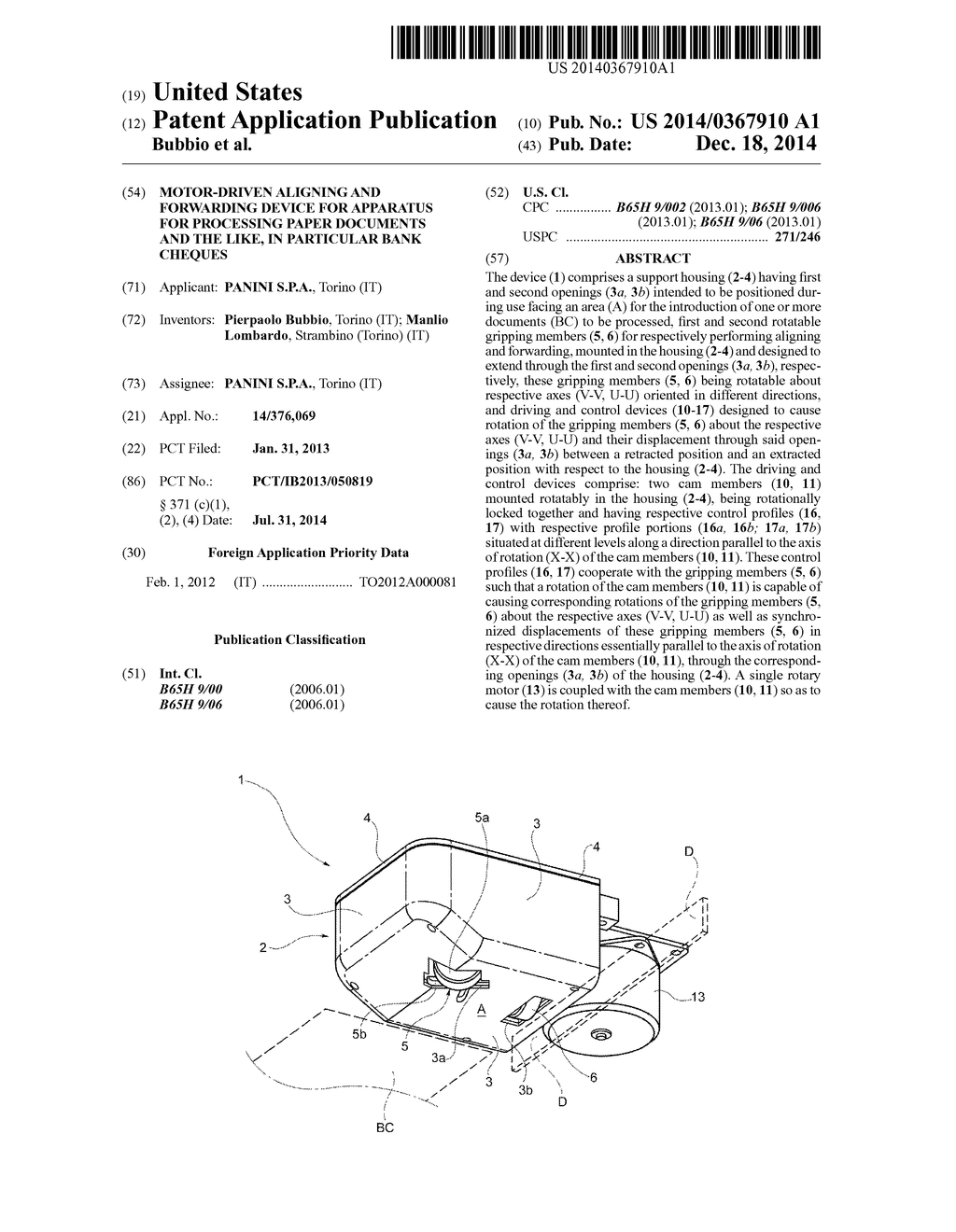 MOTOR-DRIVEN ALIGNING AND FORWARDING DEVICE FOR APPARATUS FOR PROCESSING     PAPER DOCUMENTS AND THE LIKE, IN PARTICULAR BANK CHEQUES - diagram, schematic, and image 01