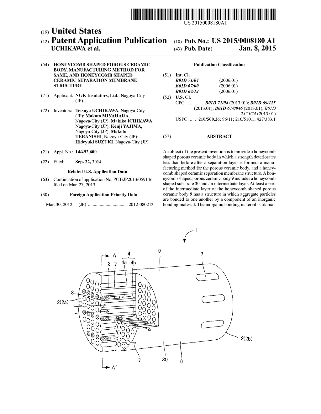 HONEYCOMB SHAPED POROUS CERAMIC BODY, MANUFACTURING METHOD FOR SAME, AND     HONEYCOMB SHAPED CERAMIC SEPARATION MEMBRANE STRUCTURE - diagram, schematic, and image 01