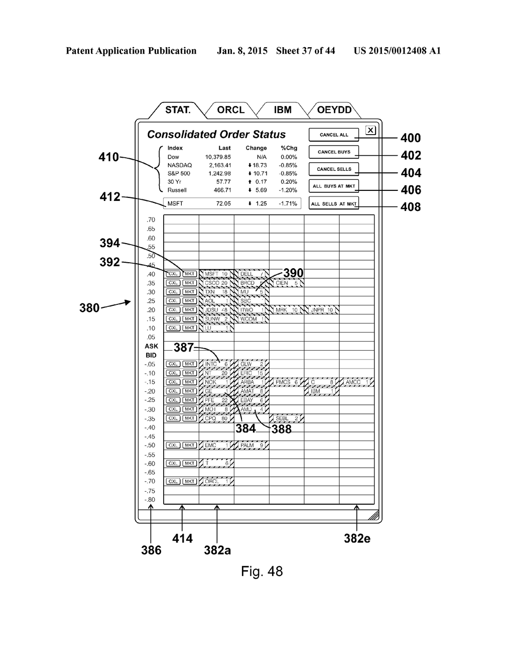 Interactive grid-based graphical trading system for real time security     trading - diagram, schematic, and image 38