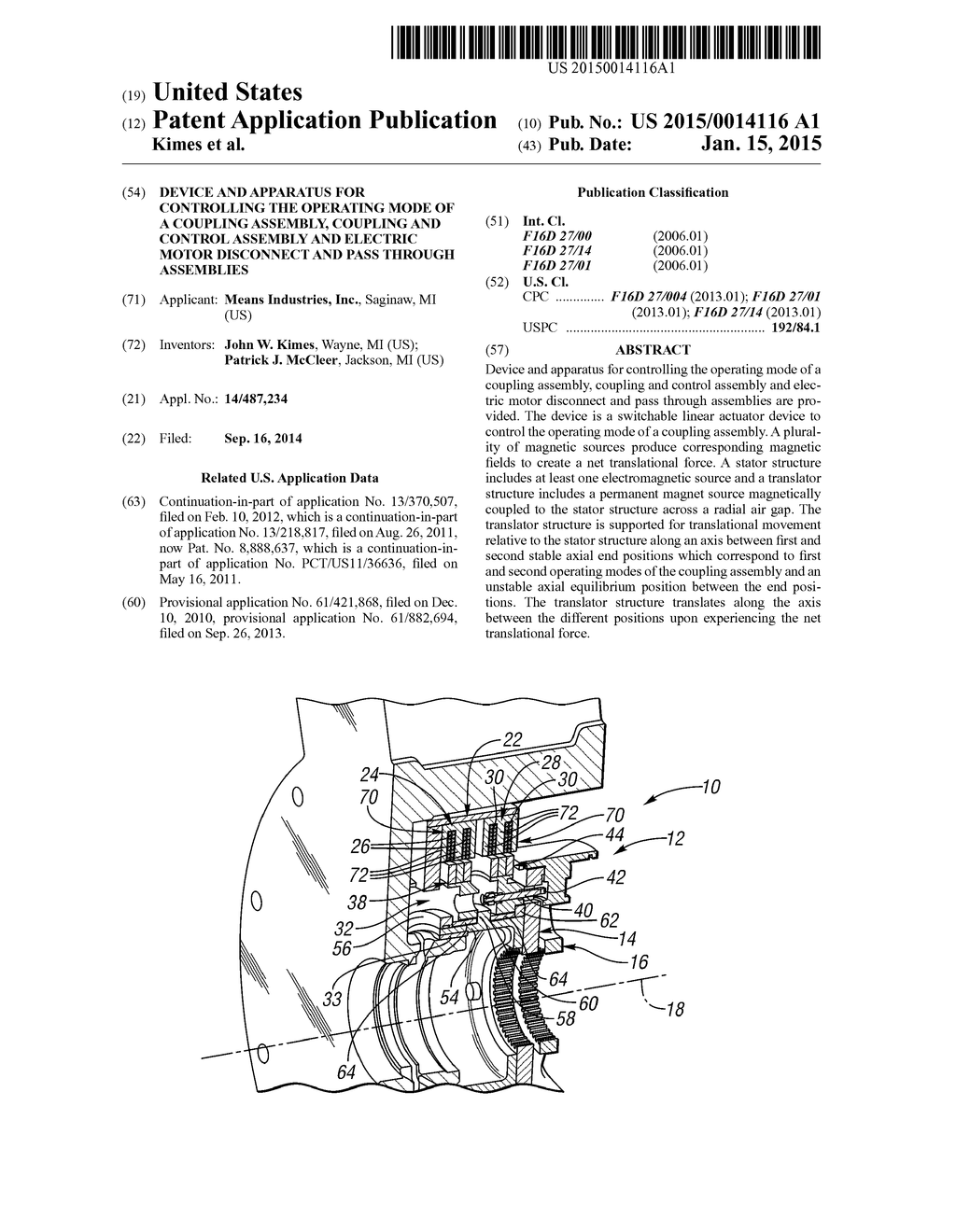 DEVICE AND APPARATUS FOR CONTROLLING THE OPERATING MODE OF A COUPLING     ASSEMBLY, COUPLING AND CONTROL ASSEMBLY AND ELECTRIC MOTOR DISCONNECT AND     PASS THROUGH ASSEMBLIES - diagram, schematic, and image 01