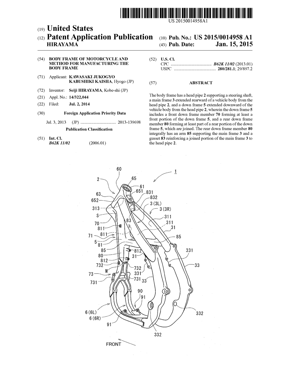 BODY FRAME OF MOTORCYCLE AND METHOD FOR MANUFACTURING THE BODY FRAME - diagram, schematic, and image 01